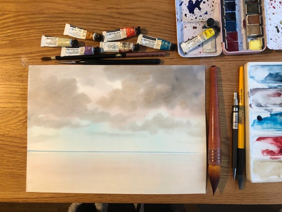 Ready to finish original A4 size watercolour painting, personalised for a bespoke finish, stormy beach, figures to be added, unique art gift