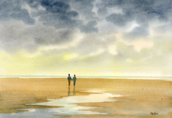 Original watercolour painting, couple on stormy beach, A4 size watercolor, original romantic art gift direct from the artist in England UK