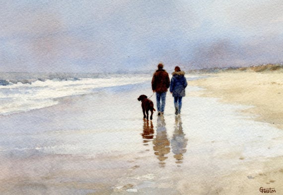 Original watercolour painting couple and Chocolate Labrador dog on beach, bevel mounted hand painted unique art to fit 12 x 10 inch frame,