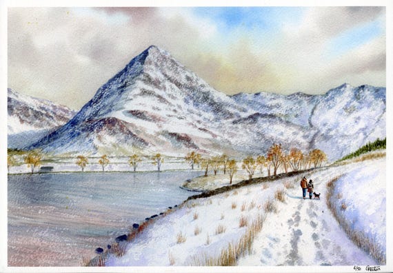 Hand finished unique limited edition print, Buttermere Snow, mounted 14" x 11", couple and dog, personalised option, on watercolour paper