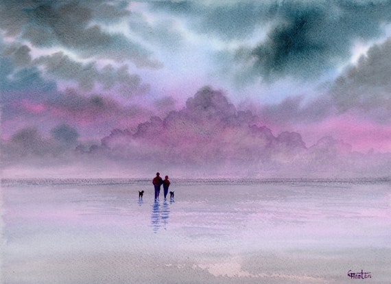 Original watercolour painting, Couple and dogs on stormy beach, 210 x 297 mm (11.7" x 8.3") A4 watercolor, romantic art gift, dog walkers