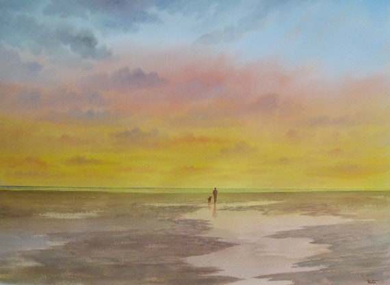 Original very large 30" x 22" watercolour painting, figure and dog on sunset beach, huge statement piece on 100% cotton paper, Imperial