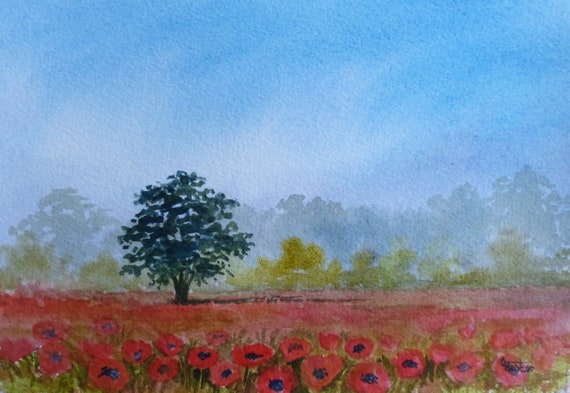 Original small watercolour painting, 'Morning Poppies', A5 size affordable and original landscape art, unique poppy landscape watercolor