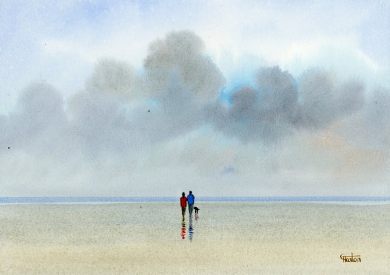 Original small watercolour beach painting, couple and dog on stormy beach, hand painted watercolor gift A5 Size, UK artist. unique art gift