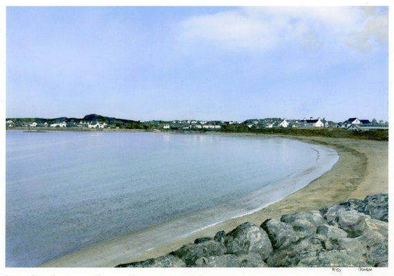 Trearddur Bay, Anglesey, 14" x 11" Mounted hand finished and personalised very limited edition prints on watercolour paper, figures on beach