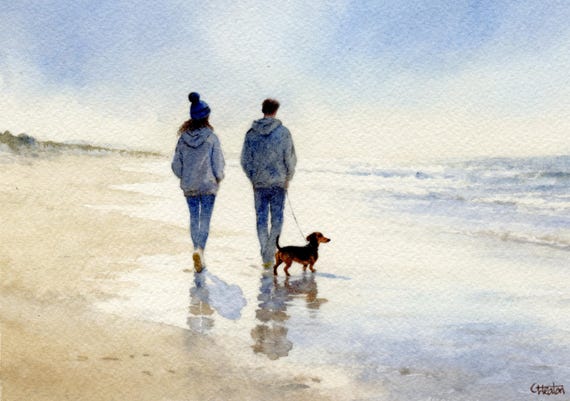 Original watercolour painting couple and Dachshund dog on beach, bevel mounted hand painted unique art to fit 12 x 10 inch frame,