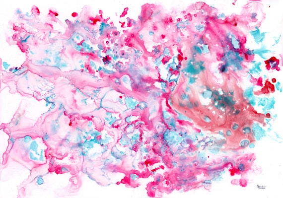 Original A3 abstract watercolour painting, painted on Yupo paper, modern art, Pink, Aqua, White, fluid art from artist in England, UK
