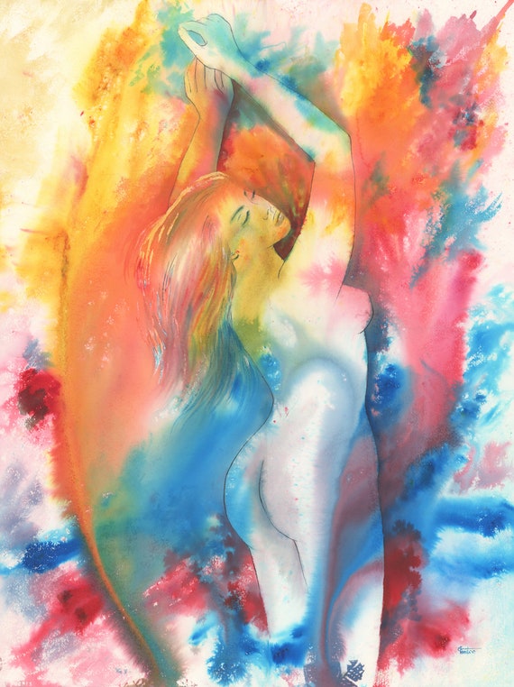 Original very large 30" x 22" nude watercolour painting, 'Catching Rainbows', huge statement piece on 100% cotton paper, vibrant watercolor