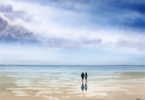Original watercolour painting 'Something Blue' romantic art, couple on stormy beach by G Heaton