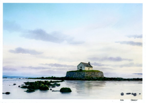 St Cwyfan's Church very Limited edition prints, A4 or A3 sizes on watercolour paper, mounted or unmounted, Anglesey beach, Ynys Mon art