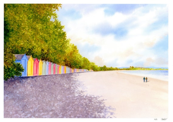 Llanbedrog Beach Huts, Hand finished and personalised very limited edition print on watercolour paper, couple on beach, Llŷn peninsula Wales