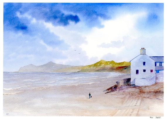 Morfa Nefyn Beach, Hand finished very limited edition print on watercolour paper, figure and dog on beach unique art gift