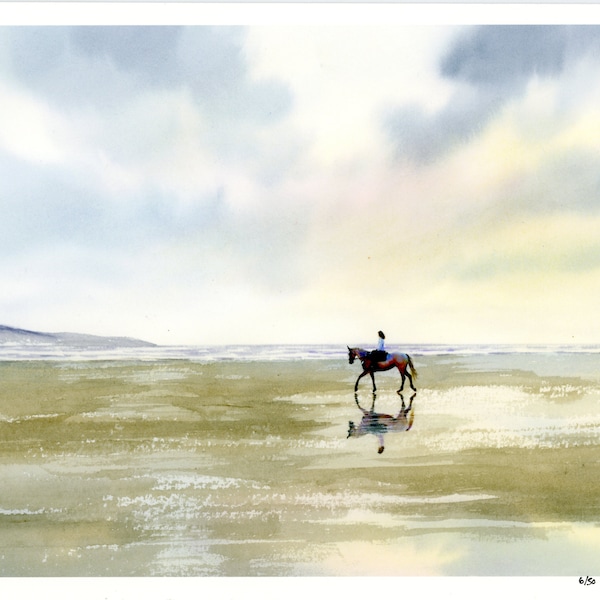 Mounted 14" x 11" very limited edition print from an original watercolour painting 'An early ride', horse on beach painting, pony art  print