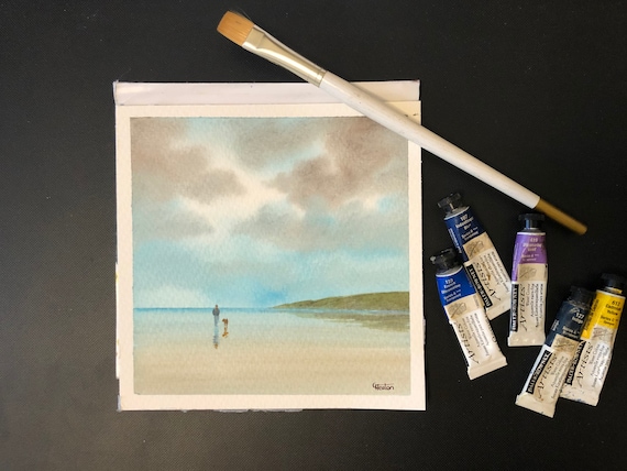 Square small original watercolour beach painting, figure and dog on beach, affordable hand painted delicate watercolor gift, England UK