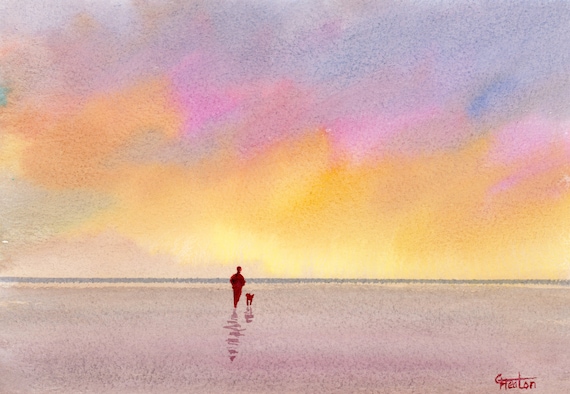Original small watercolour beach painting, 'An Early Walk' original art, figure and dog on beach, unique hand painted watercolor gift