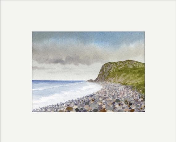 Original watercolour painting, Bird Rock, Llech Lydan,  Pistyll pebble beach, mounted unique art to fit 12 x 10 inch frame, Nature's Point