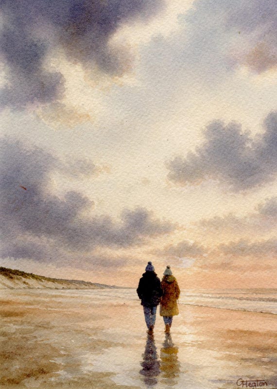 Original romantic watercolour painting, couple on stormy beach, bevel mounted hand painted unique art to fit 12 x 10 inch frame, art