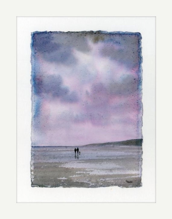 Original 16" x 12" mounted deckled edged watercolour painting on handmade paper. Couple and dog on stormy beach, direct from UK artist