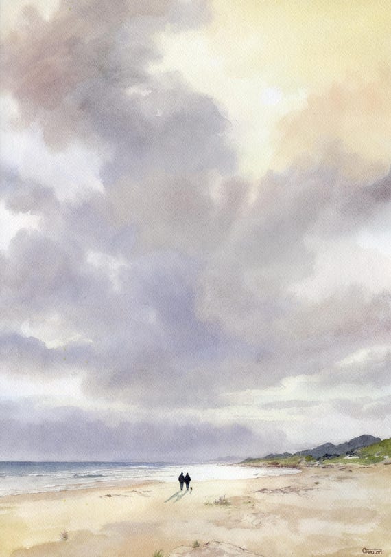 Original watercolour painting 'Peace And Quiet',  couple and little Yorkie dog on beach A3 size unique art direct from UK artist, grey