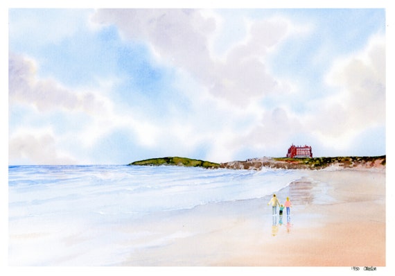 New for 2021 Couple and child on Fistral Beach, Hand finished very limited edition print on watercolour paper, Newquay, Cornwall art