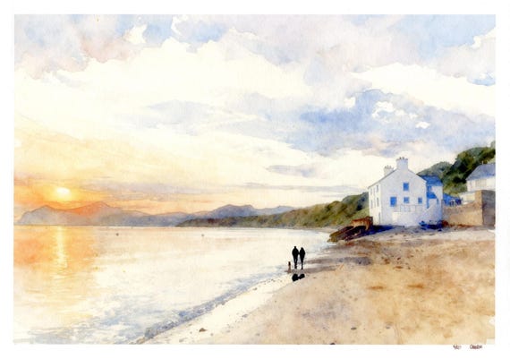 Morfa Nefyn beach, hand finished, mounted very limited edition print, hand painted figures on beach, personalised artwork, unique art, gift