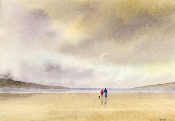 Original small A5 watercolour beach painting, couple and dog on stormy beach, watercolor art gift direct from the artist in England UK