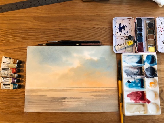 Ready to finish original A4 size watercolour painting, personalised for a bespoke finish, stormy beach, figures to be added, unique art gift