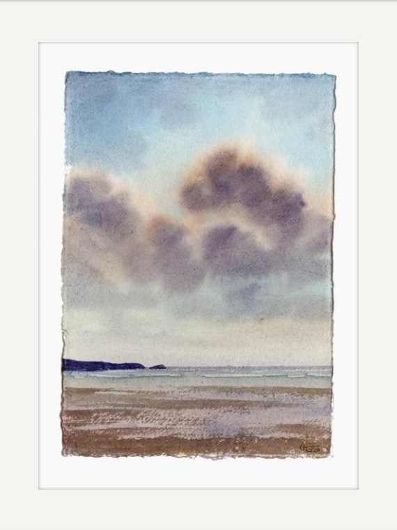 Original watercolour stormy beach painting on handmade paper, mounted art to fit 16 x 12 inch frame, Fistral Beach, Newquay, Cornwall