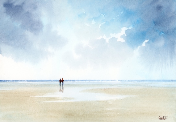 Original small A5 watercolour romantic beach painting, couple on beach. Watercolor art gift direct from the artist in England, UK