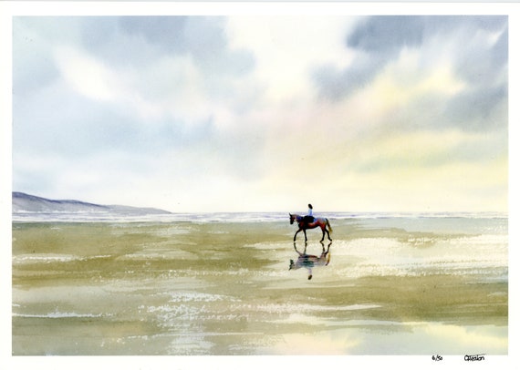 Horse rider on beach, Very limited edition A4 & A3 prints from an original watercolour painting, 'An Early Ride', horse beach art, pony