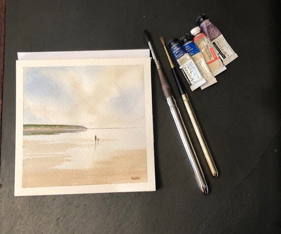 Square small original watercolour beach painting, figure and dog on Aberdaron beach, Wales. Hand painted delicate watercolor gift, from UK