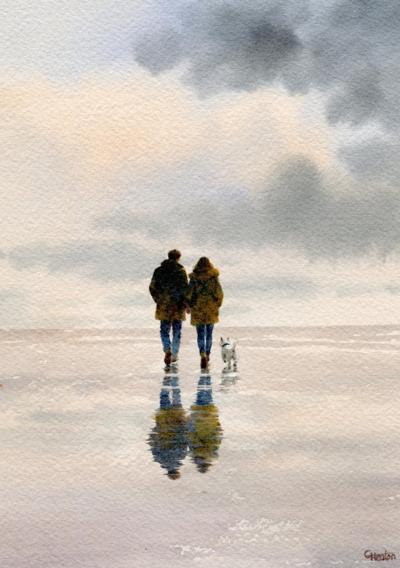 Original watercolour painting couple and Westie dog on beach, bevel mounted hand painted  West Highland White Terrier, 12" x 10" mount