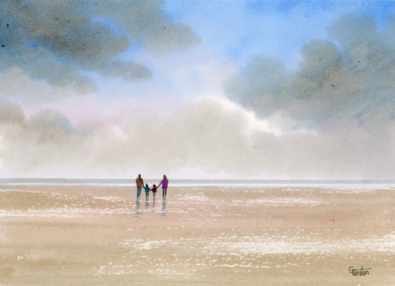 Original small watercolour beach painting, couple and two children on beach, 'Family Time', unique watercolor art direct from the UK artist