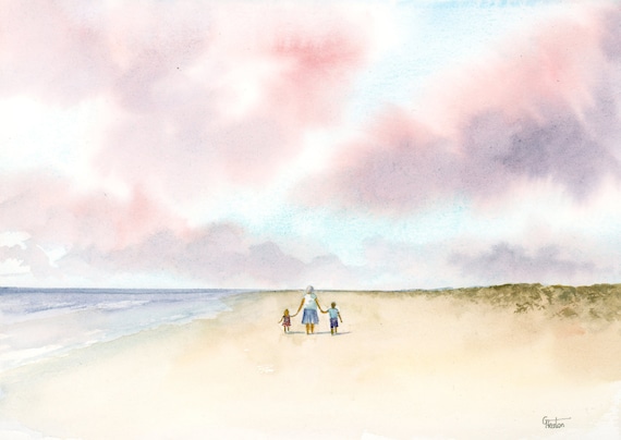 Original small A5 watercolour painting 'A Walk With Nana' children with Grandma walking on beach, unique Mother's Day art gift, England UK