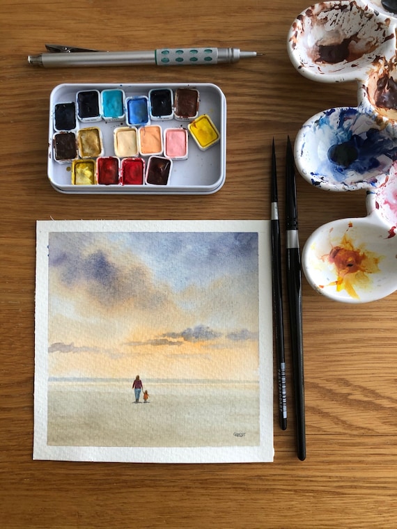 Square small original watercolour painting, Mother and daughter on beach. Lovely, unique Mother's Day gift direct from the artist in UK