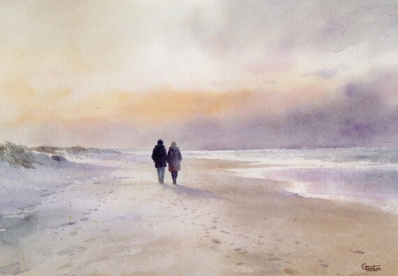 Original watercolour painting couple on beach, bevel mounted hand painted unique art to fit 14 x 11 inch frame, gift for couple, anniversary