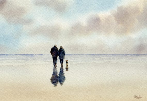 Original watercolour painting couple and Terrier dog on beach, bevel mounted hand painted unique art to fit 12 x 10 inch frame,