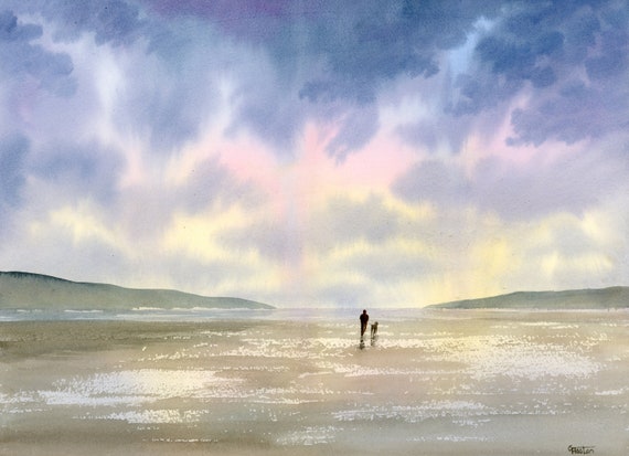 Original 16" x 12" watercolour painting, 'Morning Rain' figure and dog on beach, watercolor, unique art gift, 100% cotton paper A3 purple
