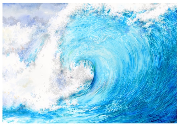Limited edition A3 size print 'The Wave' from an original watercolour painting direct from the artist in UK. Water, sea, ocean, waves, blue