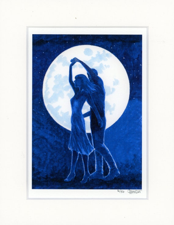 Hand finished 'Dancing with the stars' Mounted 9" x 7" Limited Edition print on watercolour paper. Dancers, Dancing art, blue salsa painting