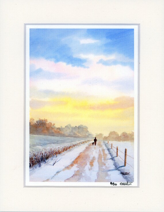 Hand finished 'Winter Light' Mounted 9" x 7" Limited Edition print on watercolour paper. Figure and dog in snow from a watercolor painting