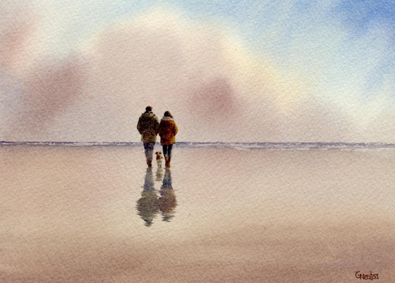Original watercolour painting couple and small tan and white dog on beach, bevel mounted hand painted unique art to fit 12 x 10 inch frame,