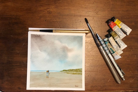 Square small original watercolour beach painting, couple and little dog on beach hand painted delicate romantic watercolor art gift UK