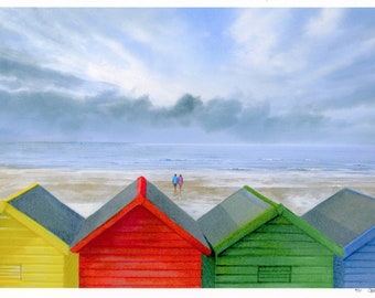 Whitby Beach Huts, Hand finished and personalised in watercolour, very limited edition print, choice of hand painted figures, unique art