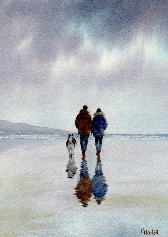 Original watercolour painting couple and Husky dog on beach, bevel mounted hand painted unique art to fit 12 x 10 inch frame,