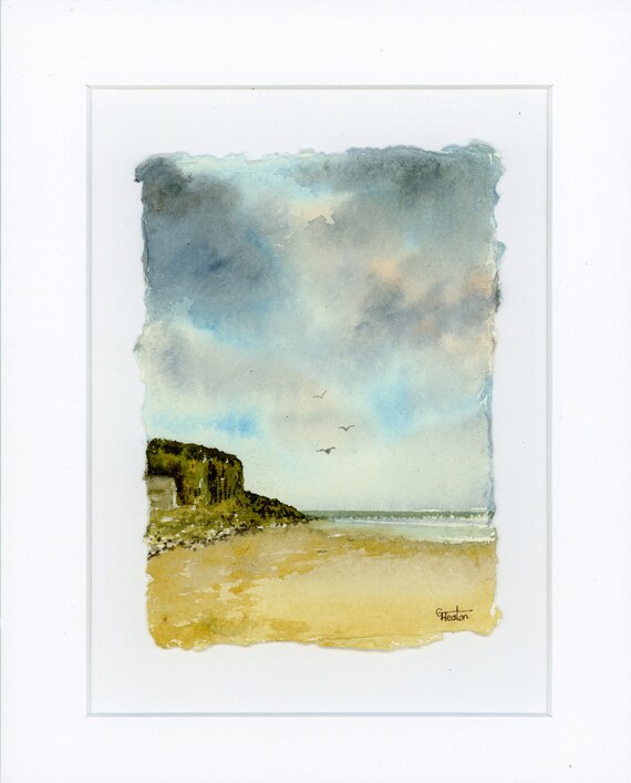 Original mounted deckled edged watercolour beach painting Red Wharf Bay, Anglesey on handmade paper, stormy Traeth Coch, Art gift UK