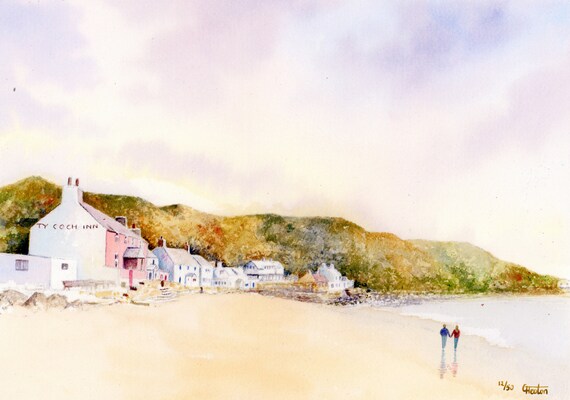 Ty Coch, Porthdinllaen, Hand finished and personalised very limited edition print on watercolour paper, couple on beach, Morfa Nefyn beach