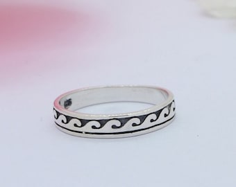 Alliance vague 4 mm en argent sterling massif 925, finition oxydée océan, anneau de pouce vague