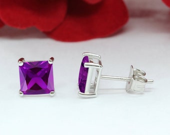 SilverGold Violet Square Princess Cut Stud Earrings 6mm CA AmethystViolet Square Cut Purple Stud Earrings