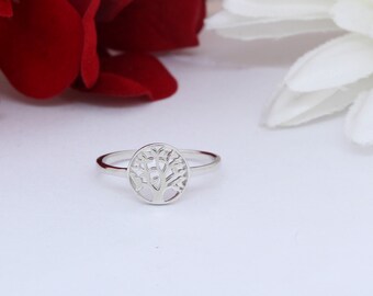 Simple Plain Dainty Petite Round Tree of Life Ring Band Solid 925 Sterling Silver Tree of Life Jewelry Tree Ring